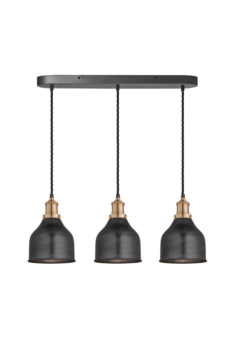 Brooklyn Cone 3 Wire Oval Cluster Lights, 7 inch, Pewter, Brass holder